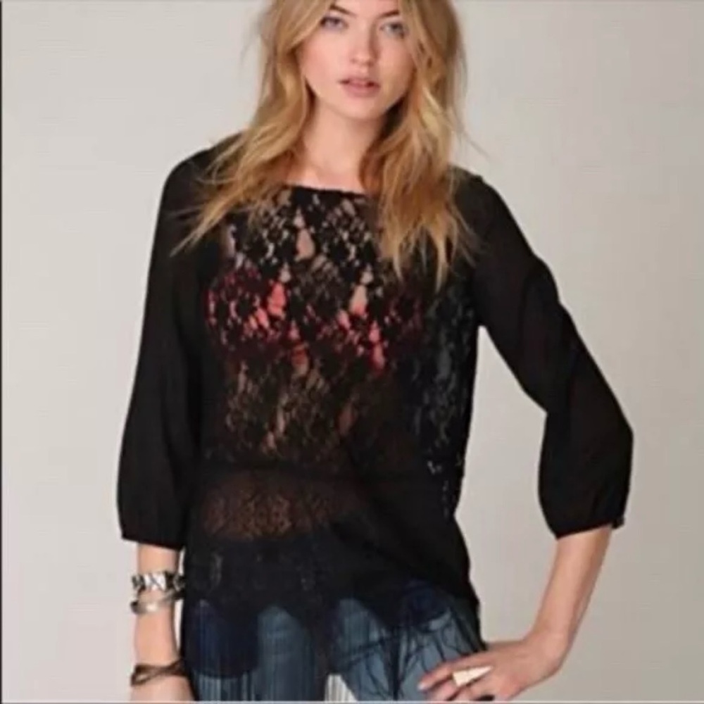 Free People Windows of Lace Black Fringe Top Shirt Festival Concert Sz M
